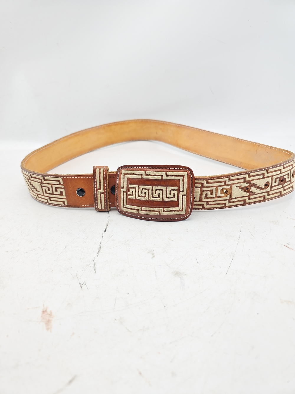Source Unknown Brown and Cream Embroidered Leather Belt with Geometric Buckle